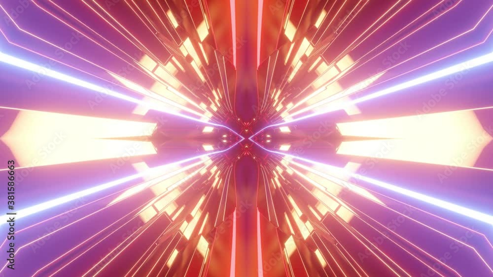 Poster sci-fi tunnel transformer with neon lights. 4k looped abstract high-tech tunnel. camera flies throug