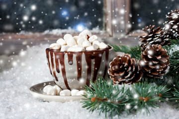 Christmas  treats   at winter window,  selective focus