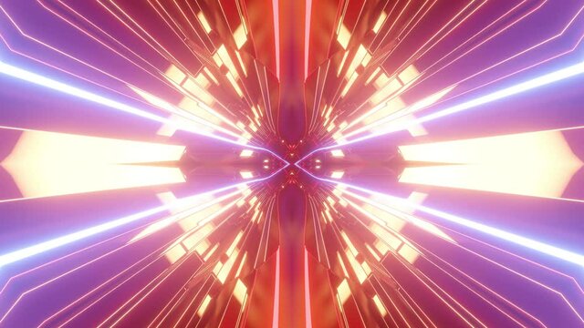 Sci-fi tunnel transformer with neon lights. 4k looped abstract high-tech tunnel. Camera flies through tunnel. Background in the style of cyberpunk or high-tech future. Red orange 6