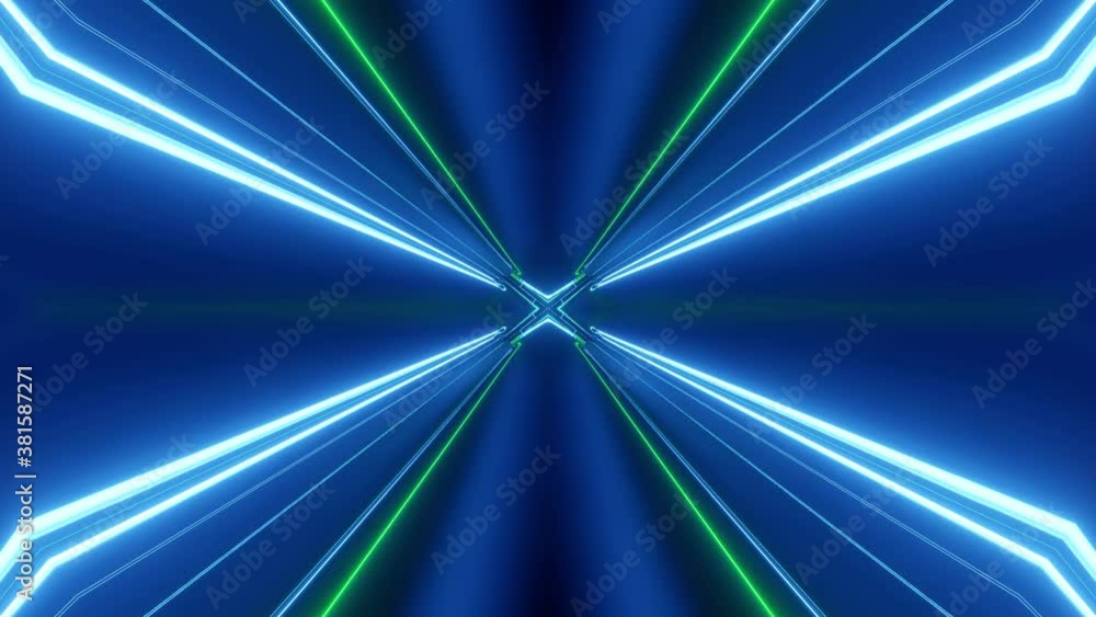 Poster sci-fi tunnel transformer with neon lights. 4k looped abstract high-tech tunnel. camera flies throug