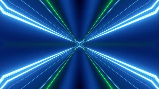 Sci-fi tunnel transformer with neon lights. 4k looped abstract high-tech tunnel. Camera flies through tunnel. Background in the style of cyberpunk or high-tech future. Blue green 4