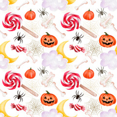 Halloween watercolor seamless pattern sweets,  pumpkin, spider web, bones, lollipop, halloween background with pumpkins
