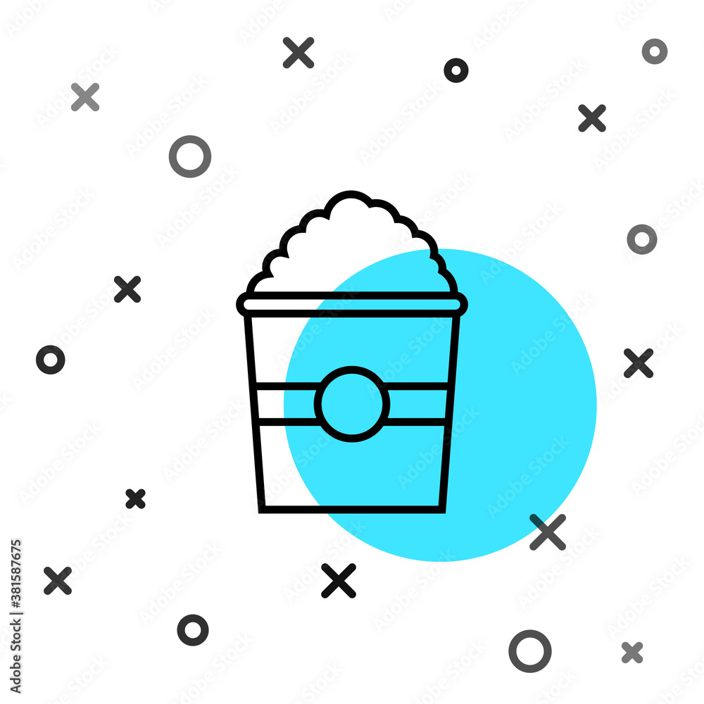 Poster black line popcorn in cardboard box icon isolated on white background. popcorn bucket box. random dy