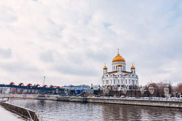 Cathedral of Christ the Saviour in Moscow, Russia on a winter day under a cloudy sky