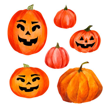 set of halloween pumpkins watercolor clipart postcard elements 