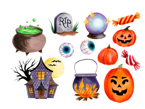 Halloween watercolor clipart postcard elements sweets, pumpkin, bones, lollipop, eyeball ,witch hat, cauldron, haunted house, Magic ball