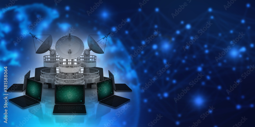 Poster 3d rendering computer network with satellite