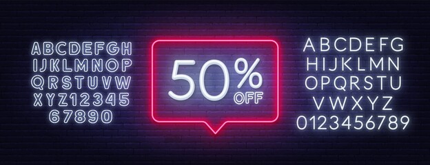 50 percent off discount neon sign. Template for a design. Neon white alphabet on brick wall background.