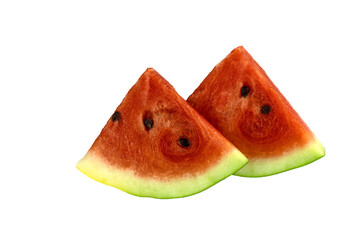 Two juicy ripe watermelon slices in close-up, isolated on a white background
