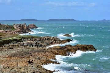 Storm on the pink granite coast in Brittany. France