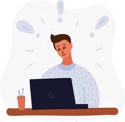 Vector cartoon illustration of boy blogging in internet, learn or playing game. Some exclamation mark around her. E-learning, remote work.