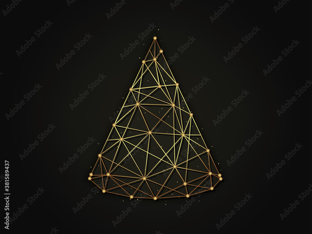 Poster Cone golden abstract illustration on dark background. Geometric shape polygonal template made from lines and dots.