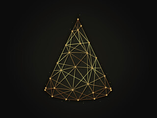 Cone golden abstract illustration on dark background. Geometric shape polygonal template made from lines and dots.