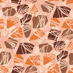 Nature inspired grunge abstract shapes pattern. Seamless background in terra-cotta terrazzo style. Vector fall colors motif for fabric, textile, wrap, web and print.
