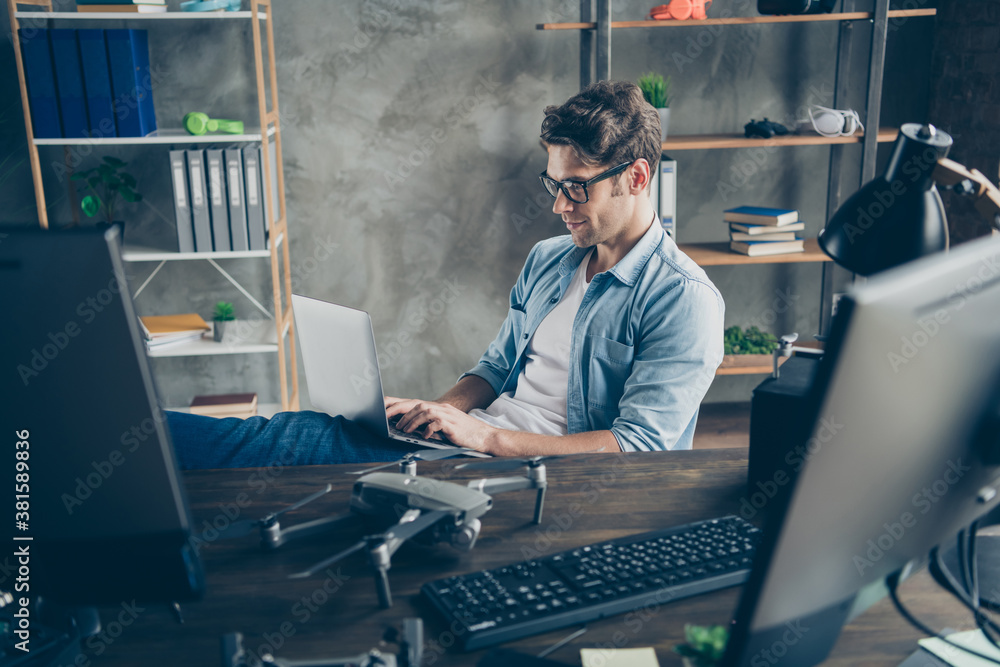 Aufkleber portrait of his he nice attractive focused skilled smart guy geek expert working remotely typing cod