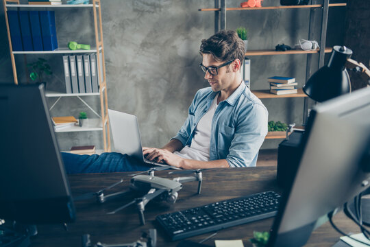 Portrait Of His He Nice Attractive Focused Skilled Smart Guy Geek Expert Working Remotely Typing Coding Web Development Home-based Safety At Modern Industrial Home Office Work Place Station