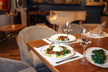 Restaurant table served with spanish salads