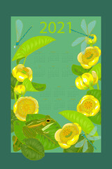 Calendar for 2021 with yellow water Lily flowers and dragonflies, vector illustration