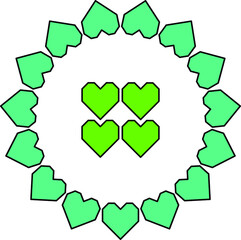 hearts drawn along a line with bubbles inside and outside. multi-colored hearts make different shapes.