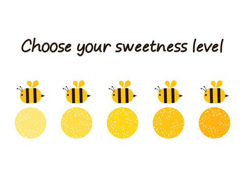 Sweetness levels sign symbol with cute cartoon bees on white background vector illustration. Sugar levels and healthy nutrition concept.