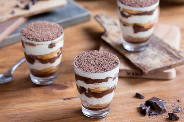 Chocolate tiramisu desserts in glasses