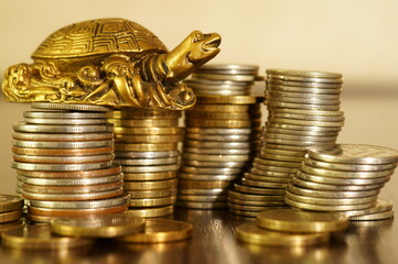 A metal turtle next to a stack of coins. Symbol of financial well-being.