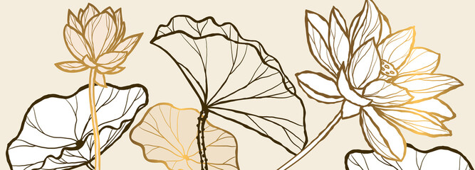 Luxury brown lotus background vector with golden metallic decorate in leaf 