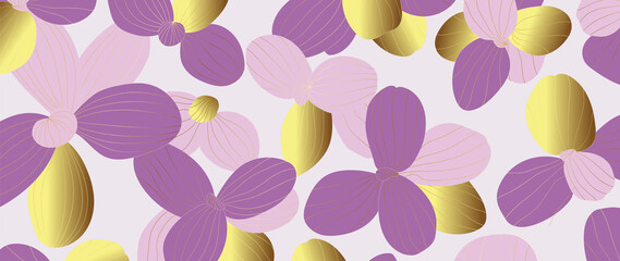 luxury gold floral line art wallpaper vector. Exotic botanical background, Orchid flower golden line design for textiles, wall art, fabric, wedding invitation, cover design Vector illustration.