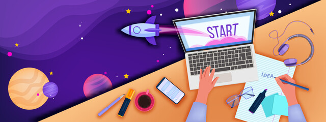 Online education and home office illustration with workplace top view, hands, laptop, smartphone. Virtual training and webinar background with abstract space, rocket. Online education vector banner