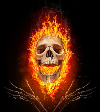 Skull burned in fire. Concept of Halloween