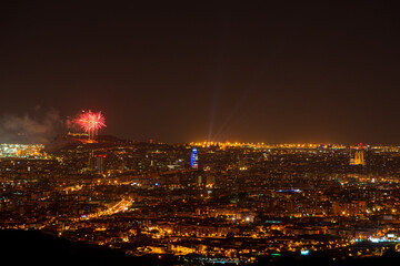 Final of the festival of La Mercè 2020 with fireworks distributed throughout the city of Barcelona...