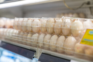 Packaging of chicken eggs on supermarket shelves. Asian food