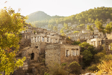 Fototapeta na wymiar Historical Lycian village of Kayakoy, Fethiye, Mugla, Turkey. Ghost Town, anciently known as Lebessos and Lebessis. Abondoned Greek and turkish village