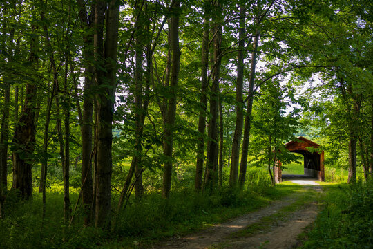 The Hyde Hall Covered Bridge, built in. 1825 and is the oldest existing covered bridge in the U.S., rests at the end of a dirt road during a summer day. 