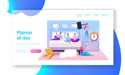 Lazy Weekend Landing Page Template. Characters Lying on Bed, Relaxing, Watching Tv, Eating Fast Food Pizza and Pop Corn