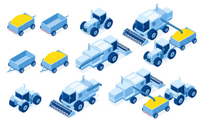 Isometric tractor machinery for grain and hay harvest, industrial and agricultural vehicles for farming works, 3d vector illustration set © klyaksun