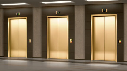 Golden elevator with closed doors in hallway. Vector realistic empty modern office or hotel lobby interior with luxury gold lift, panel with buttons and floor display on wall