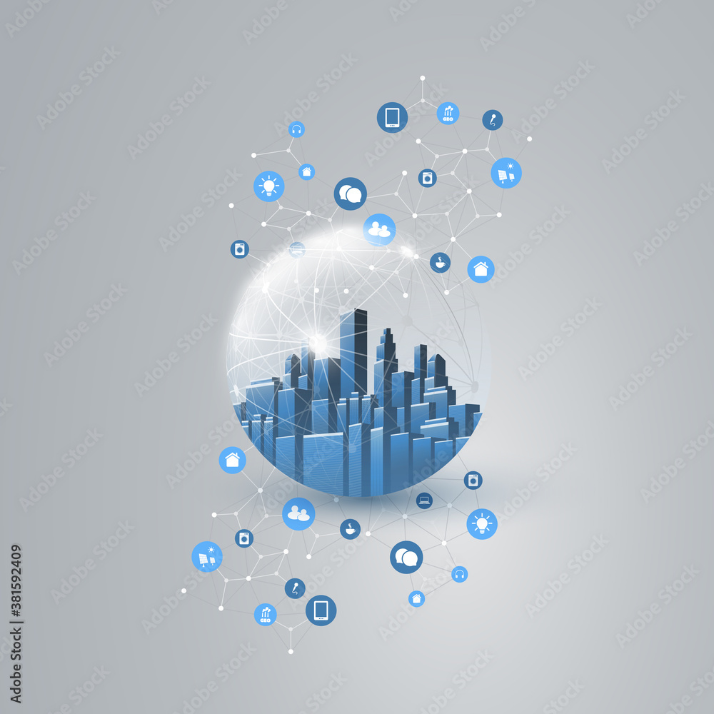 Poster futuristic smart city, iot and cloud computing design concept with polygonal mesh, cluster and nodes