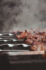 Delicious barbecue on the grill in the smoke
