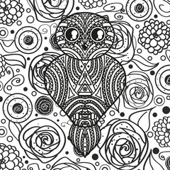 Square pattern with owl on white. Hand drawn mandala with abstract patterns. Design for spiritual relaxation for adults