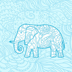 Elephant. Mandala. Hand drawn abstract patterns on isolation background. Design for spiritual relaxation for adults. Line art creation. Print for polygraphy, t-shirts and textiles