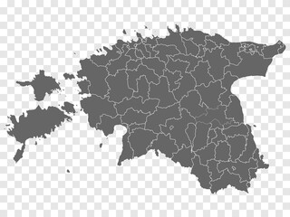Blank map of Estonia. Departments  and Districts of Estonia map. High detailed gray vector map of Estonia on transparent background for your design. EPS10. 
