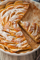 Heap of homemade apple pie close-up and copy space. A quick autumn dessert idea with tea. Autumn pie with apples, Rustic wooden background.
