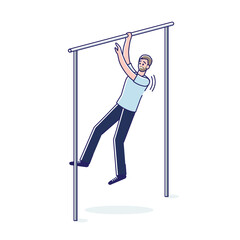 Tired man doing pullups on horizontal bar. Exhausted sweating cartoon guy working out