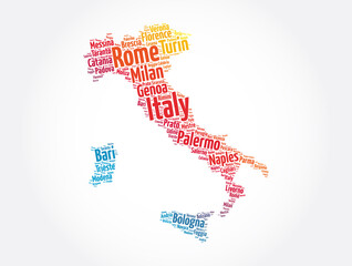 Fototapeta na wymiar List of cities in Italy, map silhouette word cloud, travel concept background