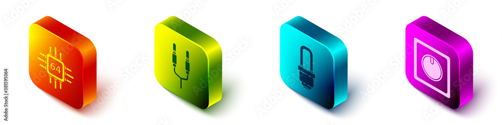 Poster set isometric processor with microcircuits cpu, audio jack, led light bulb and electric light switch