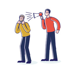 Angry boss screaming on employee with megaphone. Business man yelling at worker