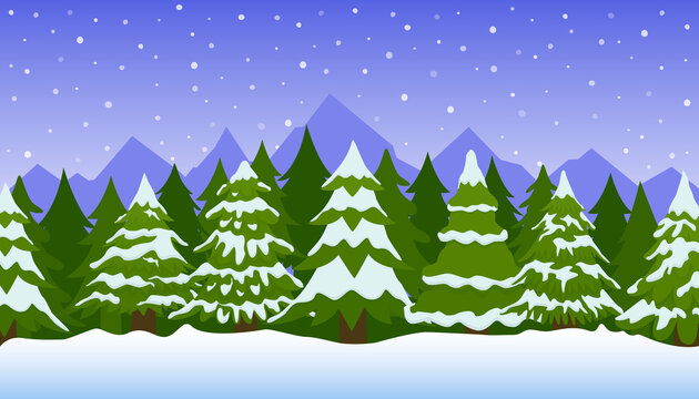 Winter landscape with fir trees in snow. Christmas background with snowy forest. Vector illustration.
