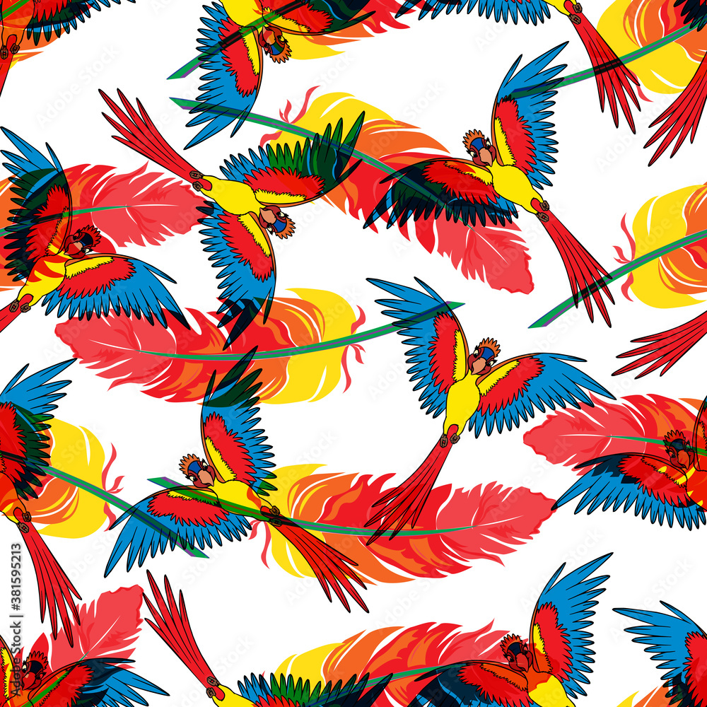 Poster seamless repeating pattern with parrots and feathers.vector