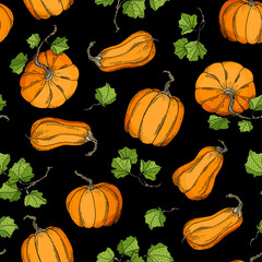 Cartoon pumpkin seamless pattern. Autumn vegetable vector illustration. Bright orange pumpkin with leaves on black background for package, decoration, Thanksgiving, Halloween, fall harvest festival